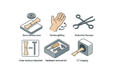 isometric icon items isolated on white background radial fracture bone density scan radial fracture tendon gliding exercises radial fracture reduction forceps radial fracture ulnar variance