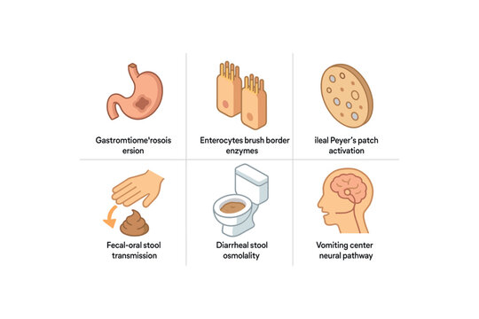 isometric icon items isolated on white background gastrointestinal infection gastric mucosal erosion site gastrointestinal infection enterocyte brush border enzyme gastrointestinal