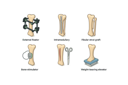 isometric icon items isolated on white background tibial fracture external fixator frame tibial fracture intramedullary tibial fracture fibular strut graft tibial fracture bone stimulator