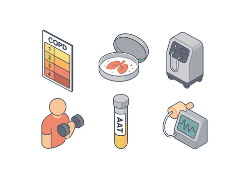 isometric icon items isolated on white background chronic obstructive pulmonary disease GOLD classification stage chart chronic obstructive pulmonary disease sputum eosinophil count chronic