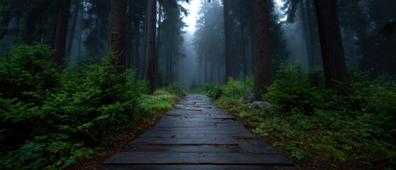 Serene Pathway Through Misty Forest Landscape with Tall Trees Background