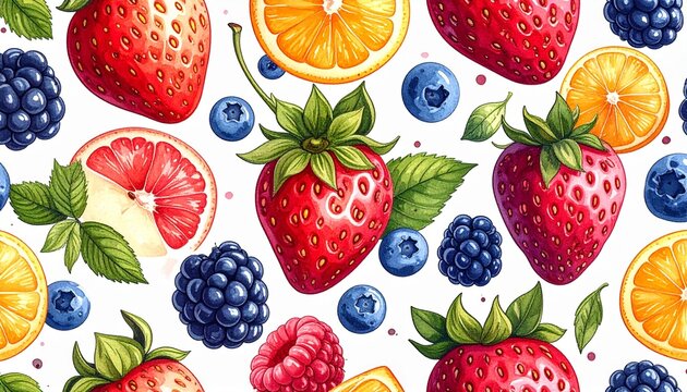 Patr&oacute;n de frutas y frutos rojos dibujadas a mano, aisladas sobre fondo blanco, perfecto para fondo de pantalla empaque y dise&ntilde;o.