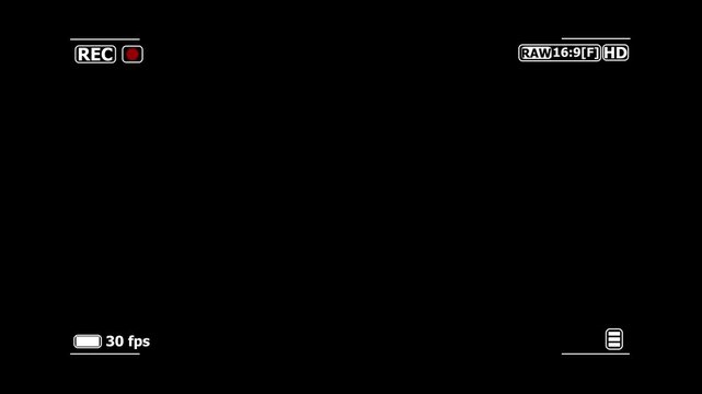 Digital camera screen recoding frame animation on black background. Camcorder interface for video cameras. Camera recording screen overlay with alpha channel.