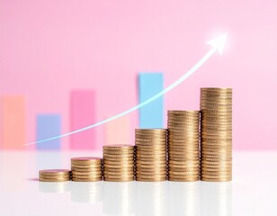 Growth in financial investment shown through stacked coins with a rising graph in a modern office setting