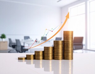 Growth in financial investment shown through stacked coins with a rising graph in a modern office setting