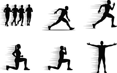 Silhouette vector of running, sprinting, lunging, stretching athletes with motion lines for fitness, exercise, training, and sports concept design
