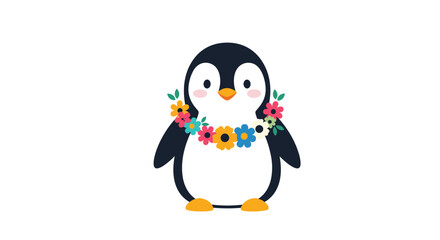 Obraz premium A cute cartoon penguin wearing a colorful flower lei around its neck.