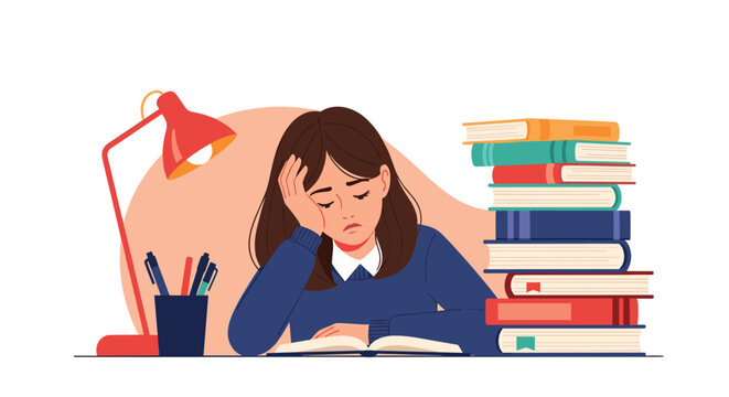 Young woman looking tired and stressed while studying late at night with books and a desk lamp.