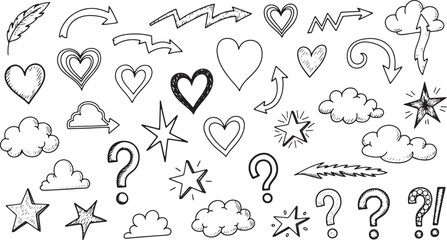 Hand Drawn Doodle Elements Set with Hearts Arrows Stars Clouds and Decorative Symbols