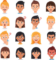 Create a kinds of deferent Student facial expression icon illustration set material vector art with white background.