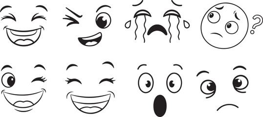 Set of expressive cartoon face icons in black and white line art, featuring various emotional expressions including joy, wink, sadness, confusion, surprise, and mischief with playful animated style.