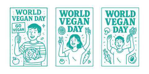 Celebrate World Vegan Day with vibrant illustrations of happy people enjoying plant-based foods and promoting a healthy lifestyle