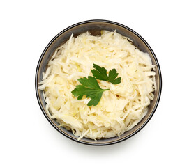 Bowl with tasty sauerkraut and parsley on white background