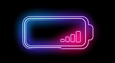 Glowing neon battery icon with charging indicator