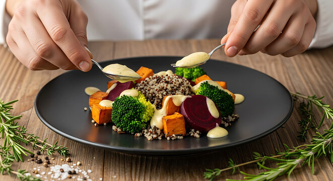Healthy Plant-Based Meal With Quinoa, Roasted Beets, Broccoli, And Sweet Potatoes