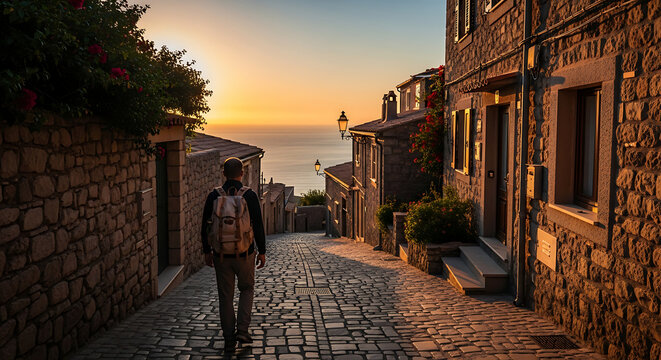 Traveler Walking Down Sunlit Cobblestone Street Toward the Sea in a Historic Coastal Village