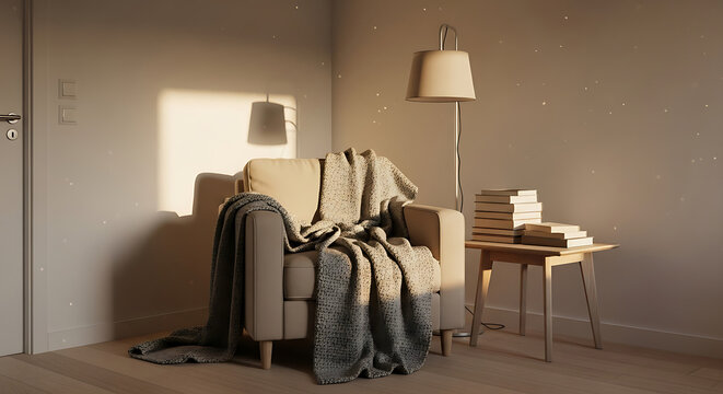 Cozy Living Room Reading Nook With Armchair Blanket Books Lamp and Plant in Sunlit Corner