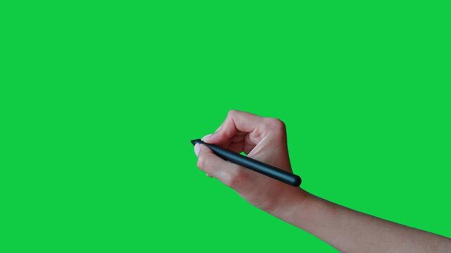 A woman's hand draws draws hatching with a stylus. Female hand gesture drawing with stylus on chroma key green screen background. Girl's hand guesture with stylus: shading, crossing out, sketching