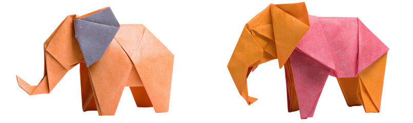 Colorful Origami Elephants Made from Paper in Bright Tones Isolate on Transparent Background, png