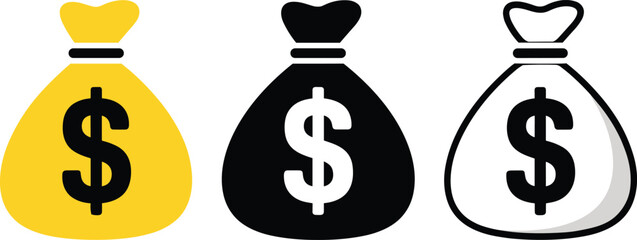 Money Bag Icon Set for Finance and Investment Design. Dollar Money Bag Symbols for Business and Banking.