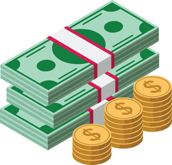 Banking and Financial Savings, Gold Coins with Dollar Bills. Capital Growth and Profit Concept, Money Stack Isometric Illustration.
