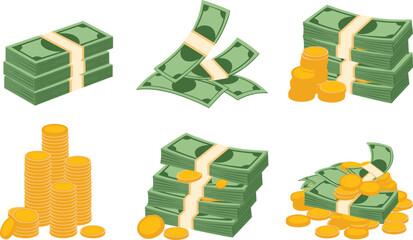 Stacks of Cash and Gold Coins Illustration. Money and Coins Vector, Wealth and Finance Concept.