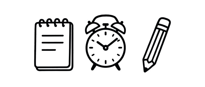 Outline daily schedule icon isolated on white background notebook clock and pencil clean black and white line art with slightly hand drawn strokes soft productivity style