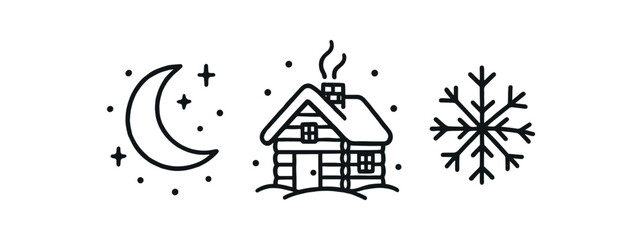 Outline quiet snow night icon isolated on white background moon cabin and snowflake clean black and white line art with slightly hand drawn strokes calm winter evening style