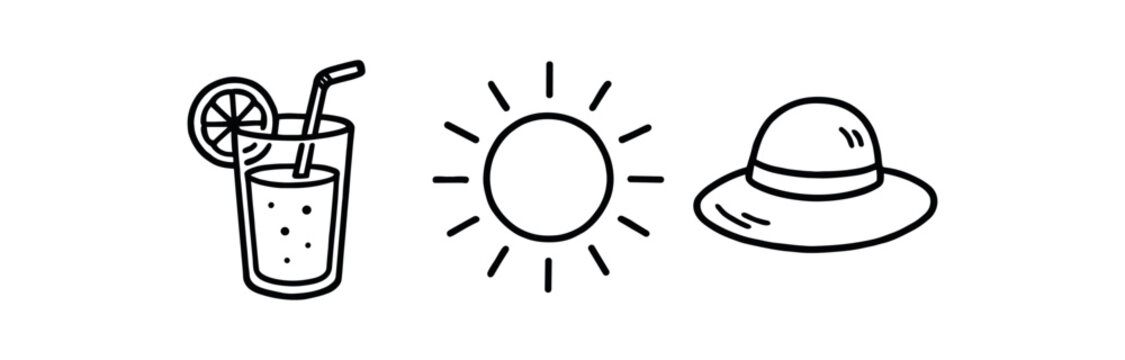 Outline summer afternoon icon isolated on white background lemonade sun and hat clean black and white line art with slightly hand drawn strokes relaxed light mood style