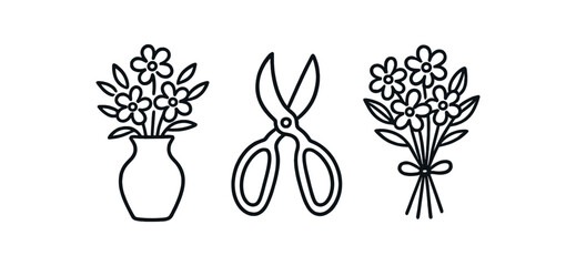 Outline flower arranging icon isolated on white background vase scissors and bouquet clean black and white line art with slightly hand drawn strokes elegant home creativity style