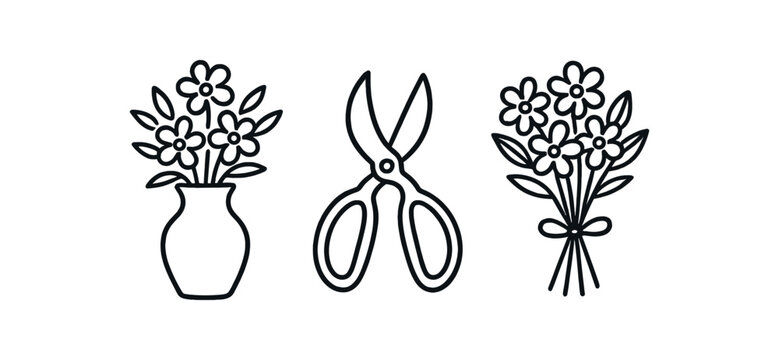 Outline flower arranging icon isolated on white background vase scissors and bouquet clean black and white line art with slightly hand drawn strokes elegant home creativity style