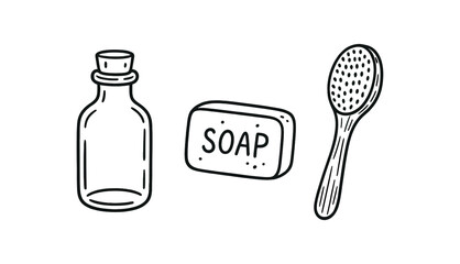Outline clean beauty icon isolated on white background glass bottle soap bar and bamboo brush clean black and white line art with slightly hand drawn strokes gentle self care eco style