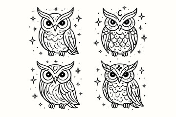 Naklejka premium 4 outline owls mystical style with starry background flat vector illustration style isolated on white background
