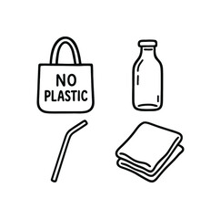 Outline no plastic icon 4 isolated on white background reusable bag glass bottle metal straw and cotton cloth clean black and white line art with slightly hand drawn strokes sustainable