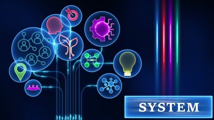 Digital Network System with Icons and Glowing Lines Keywords: digital, network, system, technology, connection, data, communication, icons, glowing, futuristic, abstract, concept, innovation