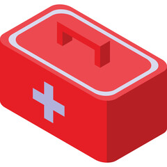Red First Aid Kit With A Light Blue Cross Symbol And White Outline On A Transparent Background Isometric View