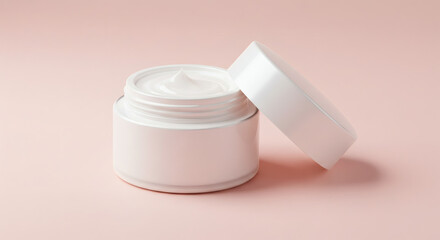 Open white jar of cosmetic face cream with a smooth texture, perfect for a skincare product mockup on a gentle pink background