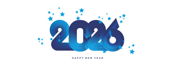 Happy New Year 2026. Black type typography in the shape of a gradient blue ribbon for the year 2026 with stars all around on light white background