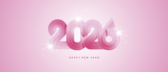 Happy New Year 2026. Black type typography in the shape of a ribbon for the year 2026 with sparkle fireworks. Abstract neon light and pink background
