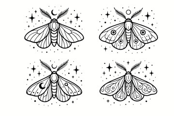 4 outline moths with detailed wings and cosmic background flat vector illustration style isolated on white background