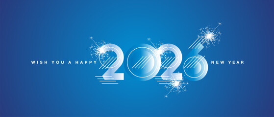 Naklejka premium Happy New Year 2026. Minimalist style modern design numbers with tech line shapes and sparkle firework blue color greeting card