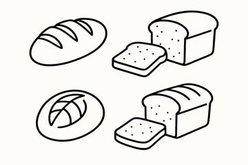 4 outline bread loaves and slices with distinct crust shapes flat vector illustration style isolated on white background