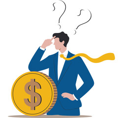 Businessman confused about financial investment decision. Entrepreneur thinking about money and finance strategy.