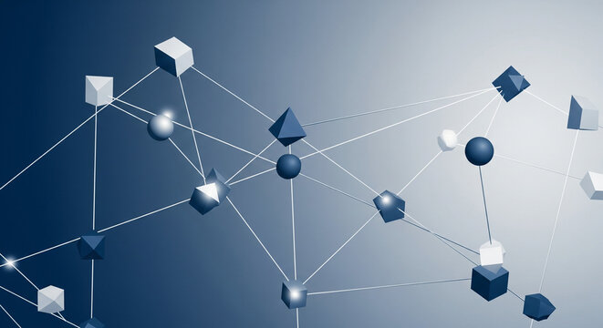 Abstract visualization of a complex digital network with interconnected geometric nodes, representing data, communication, and technology on a blue background