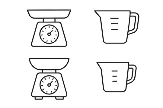 4 outline kitchen scales and measuring cups flat vector illustration style isolated on white background
