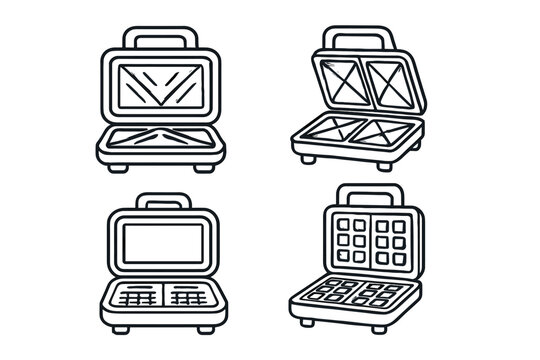 4 outline sandwich toasters and waffle makers flat vector illustration style isolated on white background