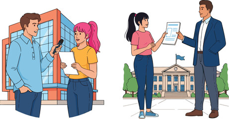 Cartoon people exchanging documents, interview and official handover scene, modern and government building background, vector illustration for communication, media