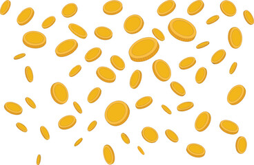 Falling Gold Coins Isolated on White Background. Flying Golden Coins Rain, Wealth and Money Concept.