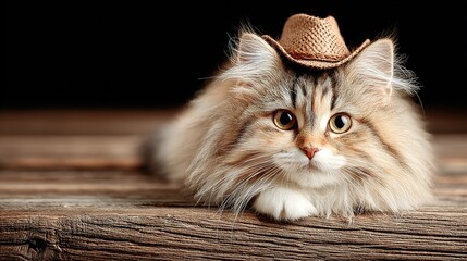 Funny portrait of cute orange and white kitten in brown cowboy hat on stark background. Ideal for humorous social media posts, memes, greeting cards, and pet-themed product designs.