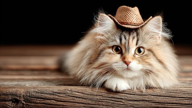 Funny portrait of cute orange and white kitten in brown cowboy hat on stark background. Ideal for humorous social media posts, memes, greeting cards, and pet-themed product designs.